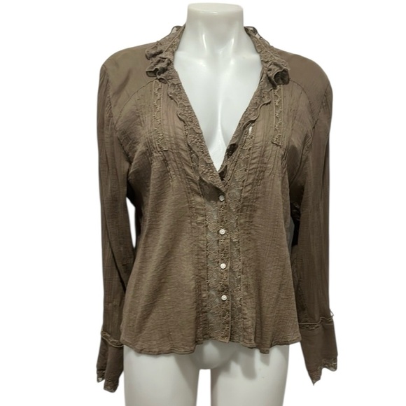 Free People Clemence taupe lace trim long sleeve button down boho shirt  Medium - Picture 1 of 9
